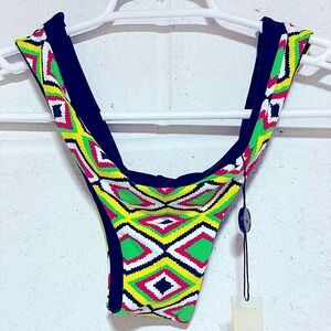 NWT high leg swim bikini bottom Kelly green geometric print yellow red black L